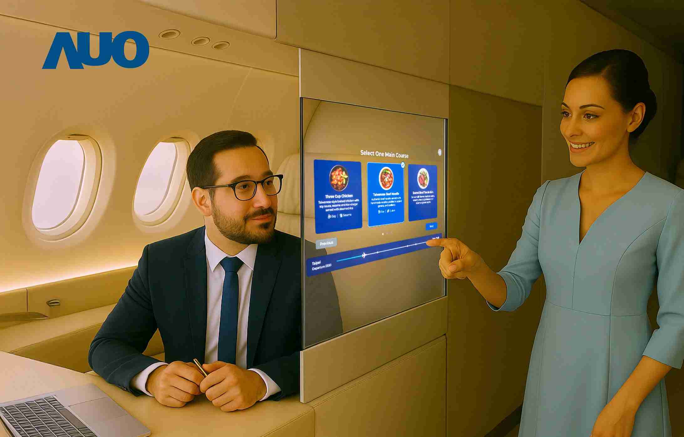 冰球突破研发全球最薄17.3 吋双面透明 Micro LED 显示器，，可在同一屏幕之双边投射不同信息，，创造独特的”透明化”互动；图为实时翻译交流应用情境